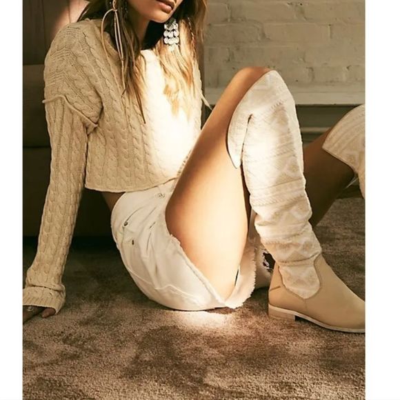 Free People Bren Textile Slouch Boot Ecru - Picture 1 of 8